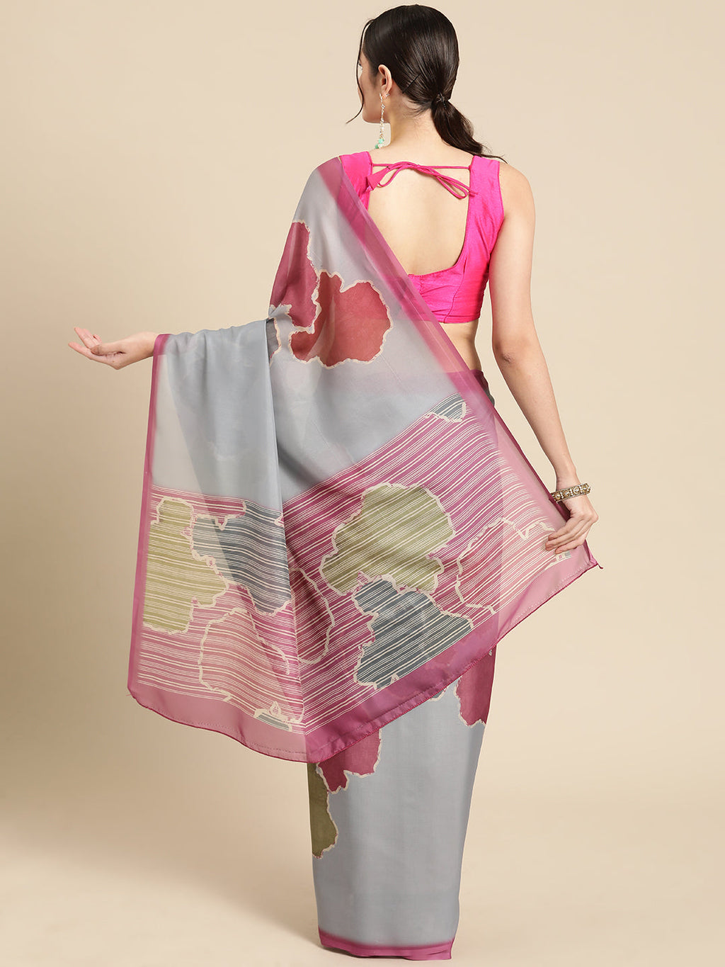 Dark Gray Silk Blend Saree with Abstract Print and Blouse