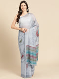 Gray silk blend saree with abstract print and matching unstitched blouse piece