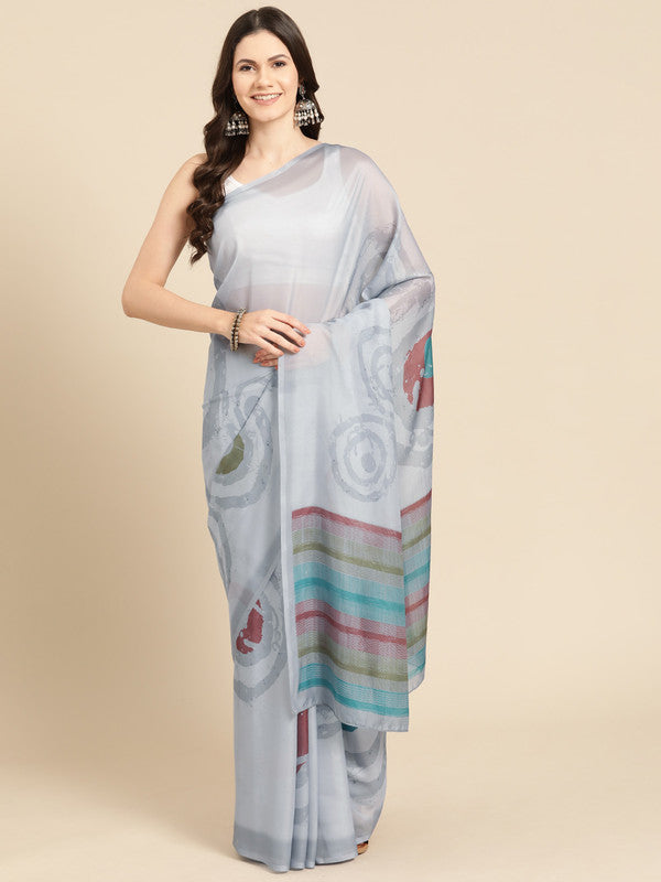 Gray silk blend saree with abstract print and matching unstitched blouse piece