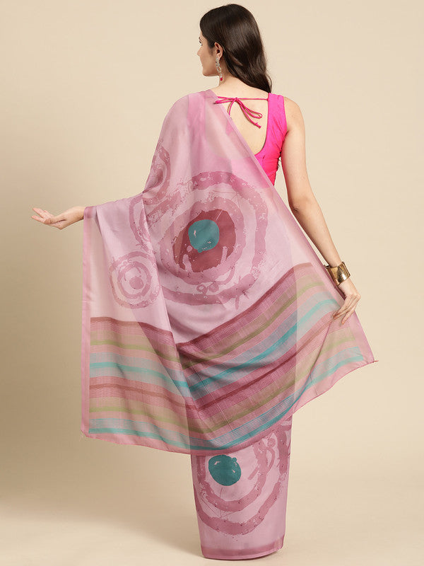 Peach Silk Blend Printed Abstract Saree with Unstitched Blouse