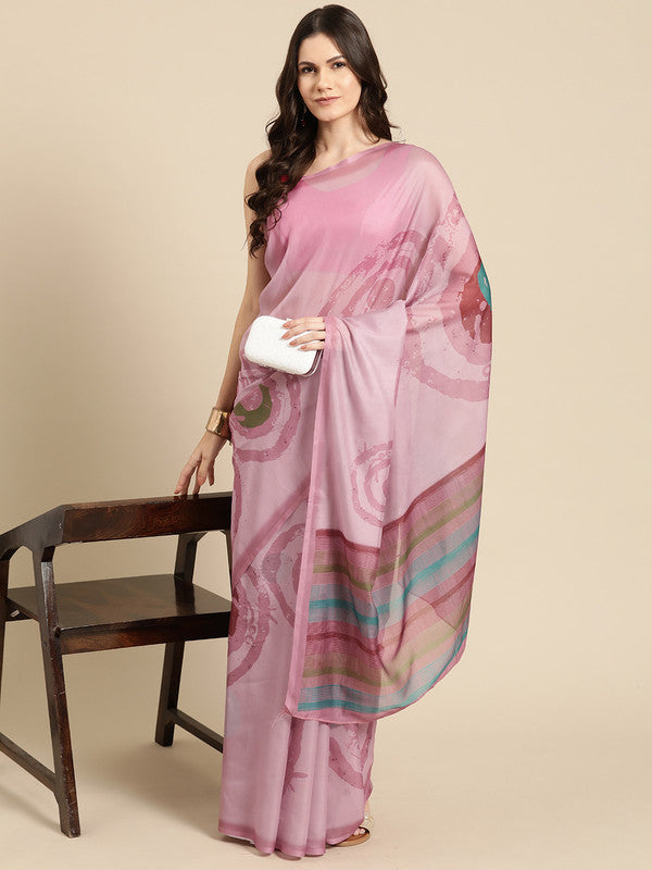 Peach Silk Blend saree with abstract print and matching unstitched blouse piece