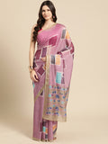 Pink silk blend saree with bold abstract print and unstitched blouse piece