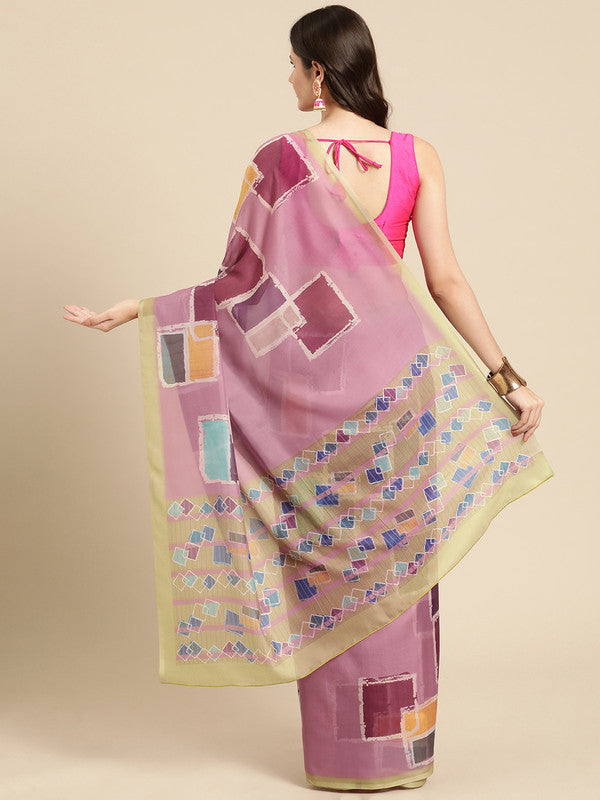 Pink Silk Blend Abstract Print Saree with Unstitched Blouse