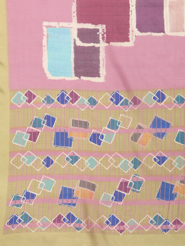 Pink Silk Blend Abstract Print Saree with Unstitched Blouse