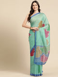 Green silk blend saree featuring modern abstract print and matching unstitched blouse