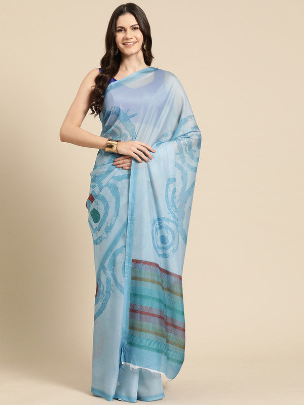 Sky blue silk blend saree with abstract print and matching unstitched blouse