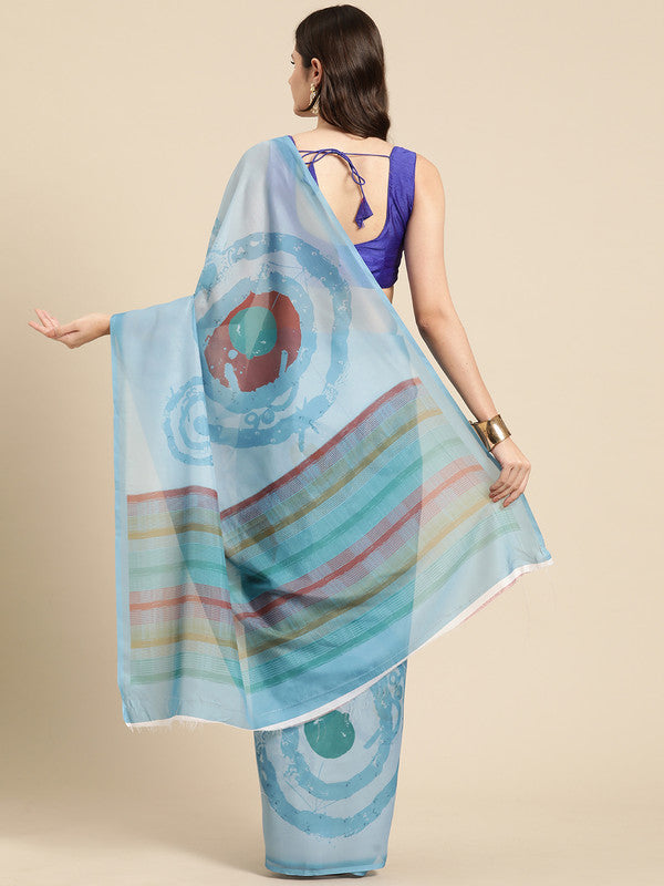 Sky Blue Silk Blend Saree with Printed Abstract Design and Blouse