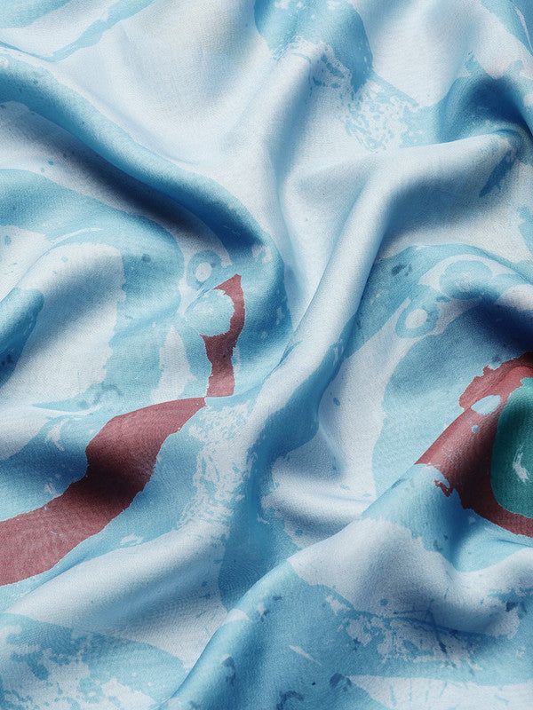 Sky Blue Silk Blend Saree with Printed Abstract Design and Blouse