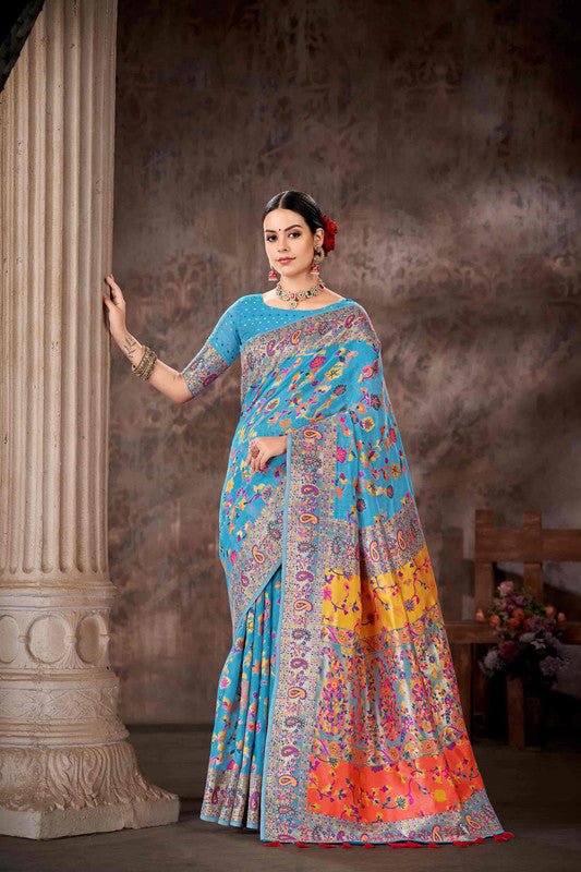 Blue Cotton Blend saree with woven floral thread work and matching unstitched blouse