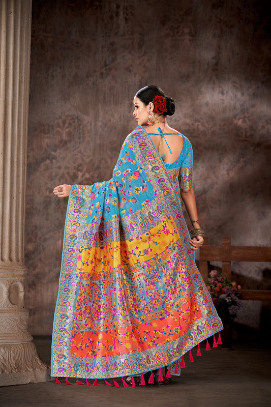 Blue Floral Cotton Blend Woven Thread Saree with Unstitched Blouse