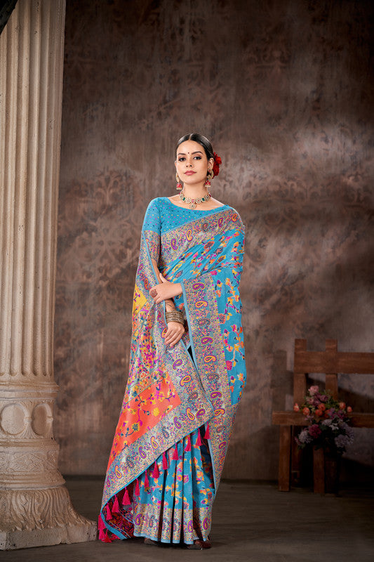 Blue Floral Cotton Blend Woven Thread Saree with Unstitched Blouse