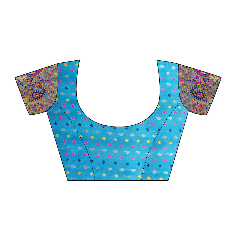 Blue Floral Cotton Blend Woven Thread Saree with Unstitched Blouse