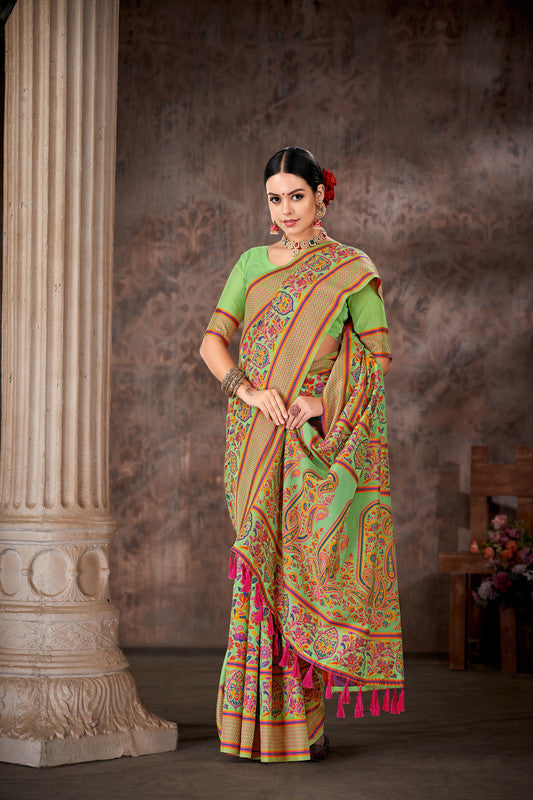Green floral woven thread cotton blend saree with unstitched blouse piece