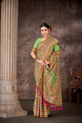 Green floral woven thread cotton blend saree with unstitched blouse piece