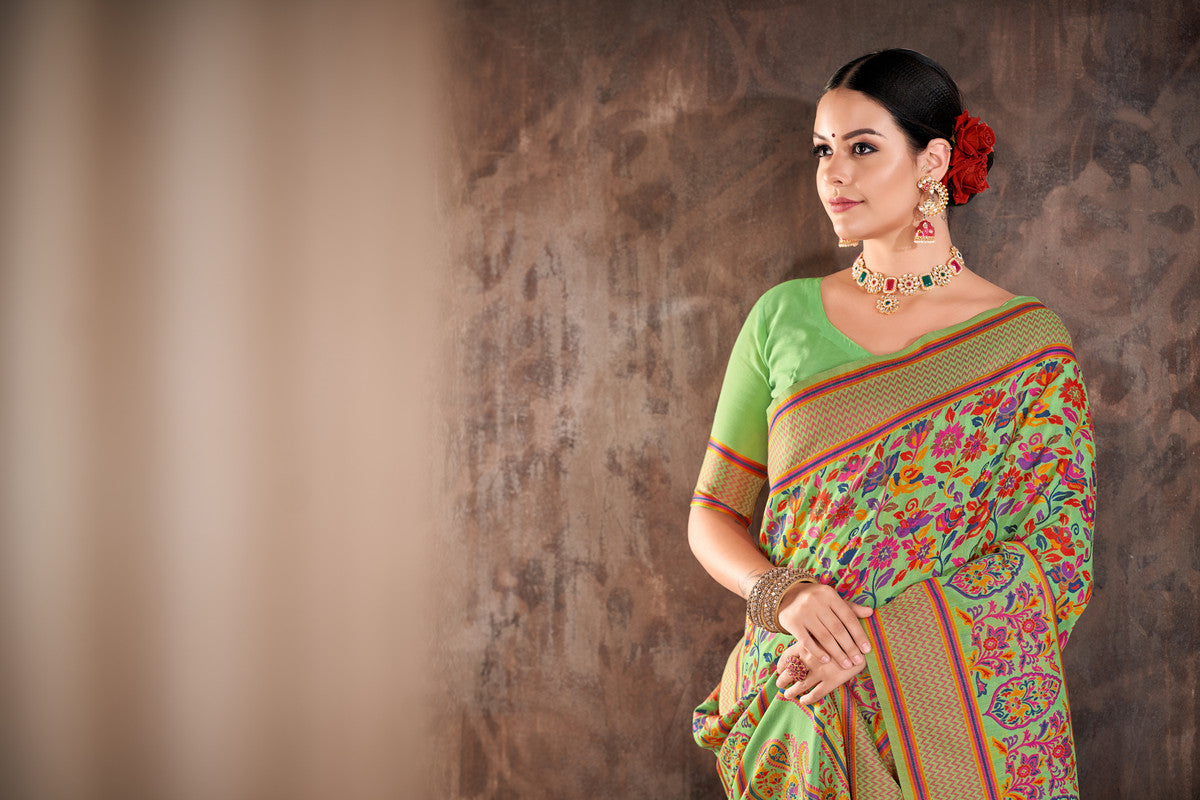 Green Floral Woven Thread Cotton Blend Saree with Blouse Piece