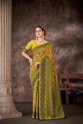 Mustard cotton blend floral saree with woven thread details and unstitched blouse piece