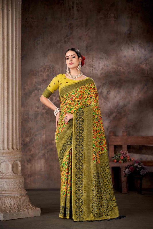 Mustard cotton blend floral saree with woven thread details and unstitched blouse piece