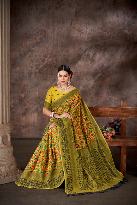 Mustard Cotton Blend Woven Thread Floral Saree with Unstitched Blouse