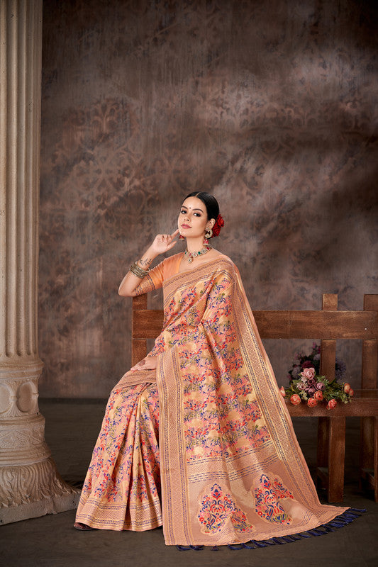 Pink cotton blend saree with woven floral thread embroidery and unstitched blouse