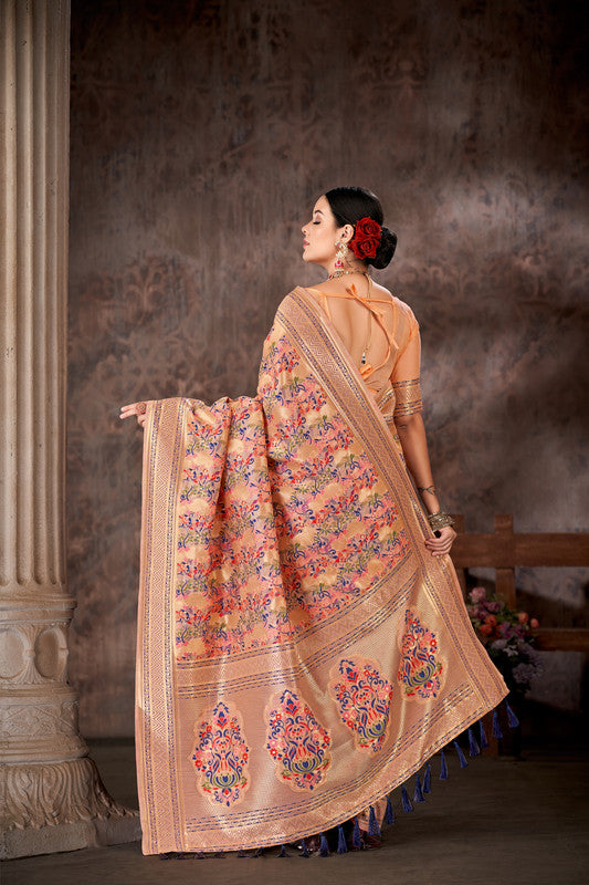 Pink Floral Cotton Blend Woven Thread Saree with Unstitched Blouse