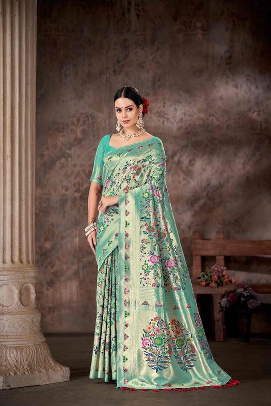Turquoise cotton blend floral saree with woven thread details and unstitched blouse piece