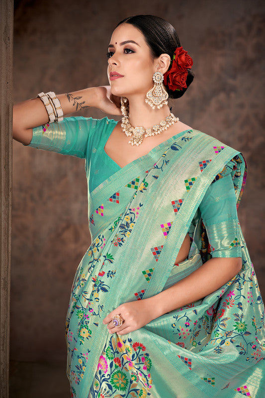 Turquoise Cotton Blend Woven Thread Floral Saree with Unstitched Blouse