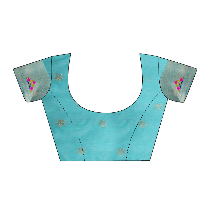 Turquoise Cotton Blend Woven Thread Floral Saree with Unstitched Blouse