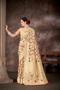 White cotton blend saree with elegant woven thread floral work and unstitched blouse