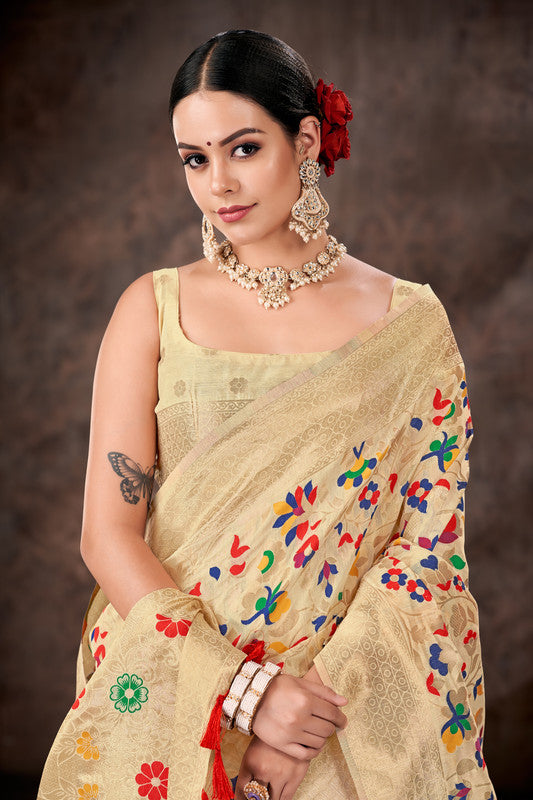 White Cotton Blend Floral Woven Thread Saree with Blouse Piece