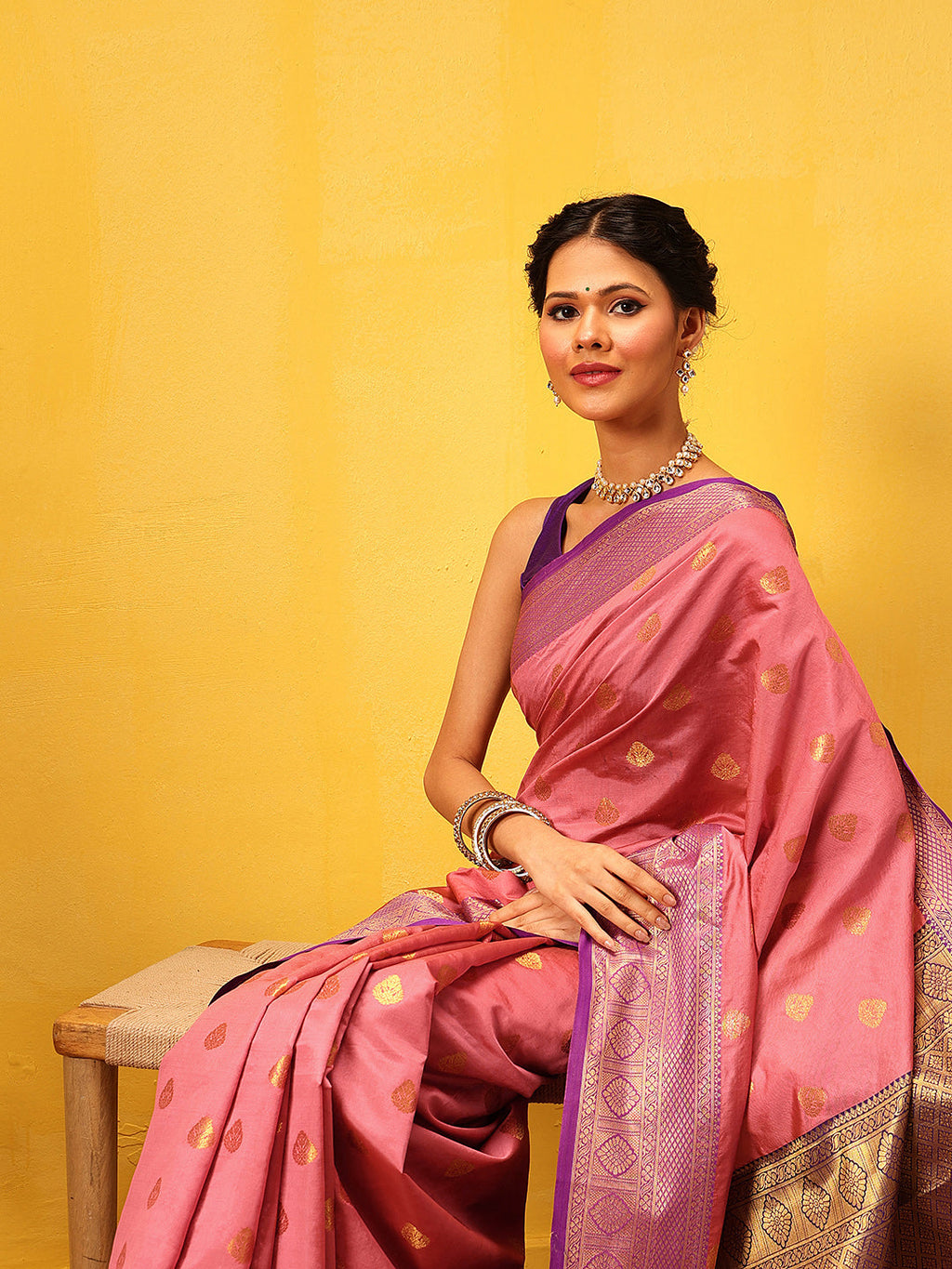 Pink Kanjeevaram Silk Saree with Traditional Woven Design