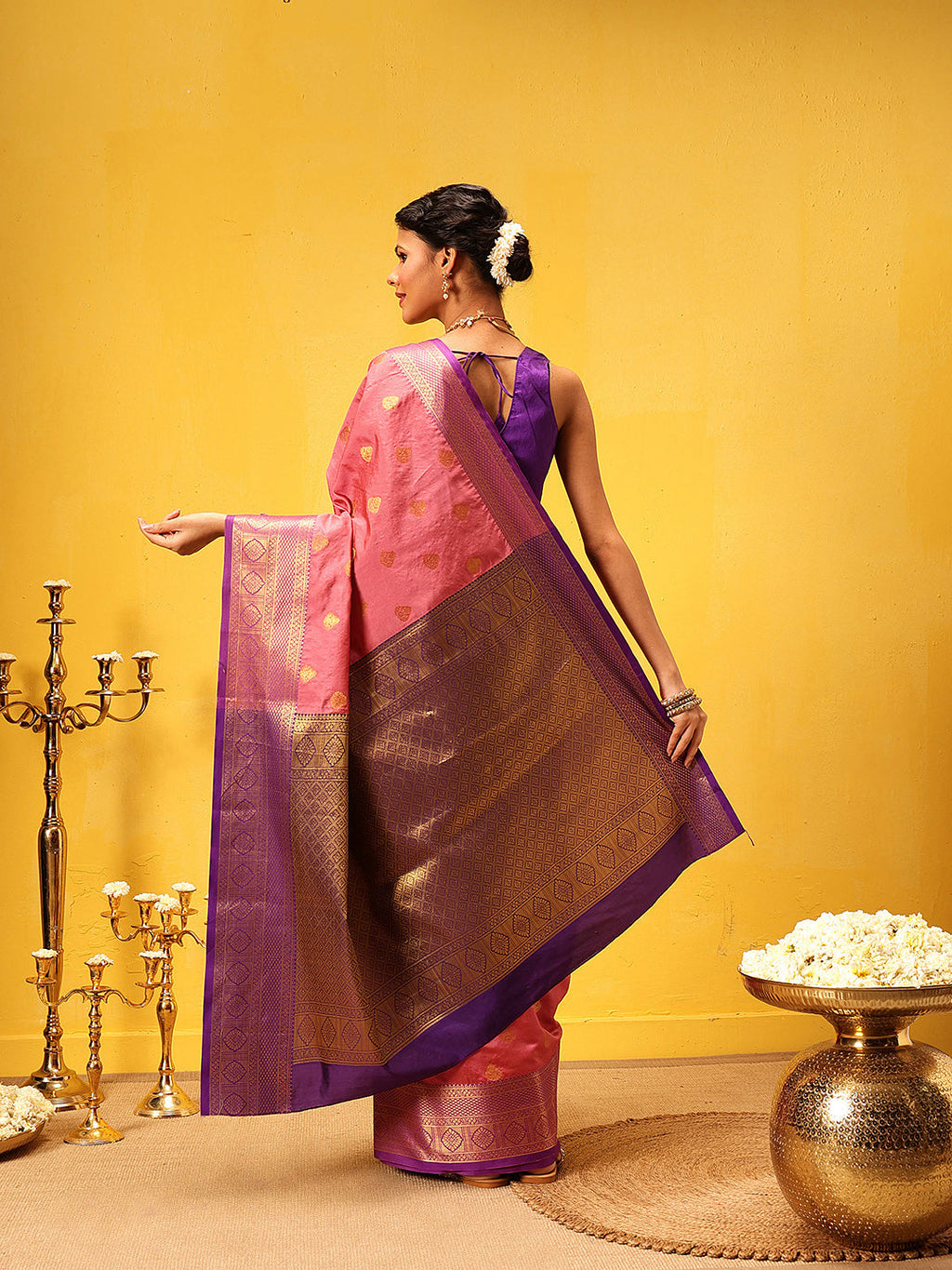 Pink Kanjeevaram Silk Saree with Traditional Woven Design