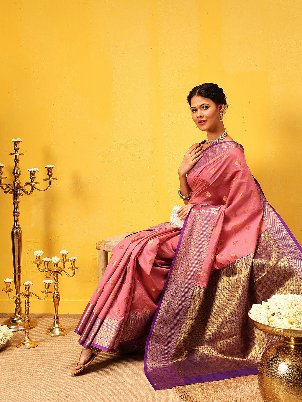 Pink Kanjeevaram Silk Saree with Traditional Woven Design