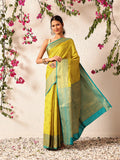 A bright yellow Kanjeevaram silk saree with intricate woven patterns, perfect for traditional events.