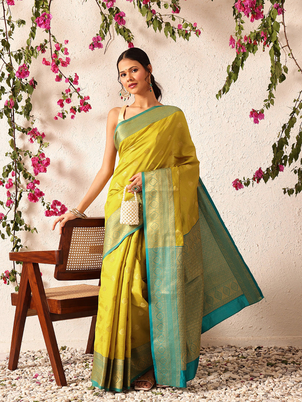 Yellow Kanjeevaram Silk Saree with Woven Design
