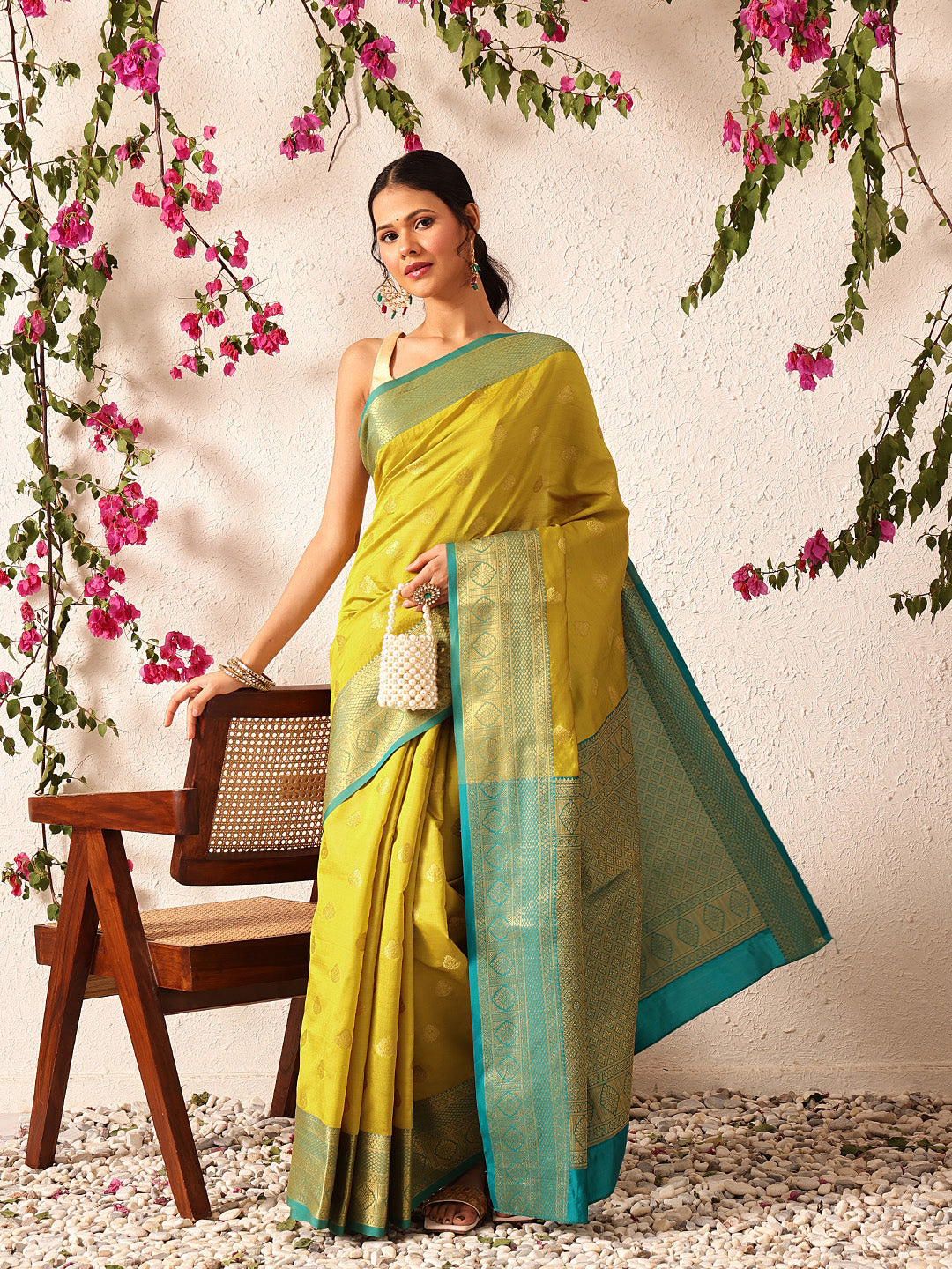 Yellow Kanjeevaram Silk Saree with Woven Design