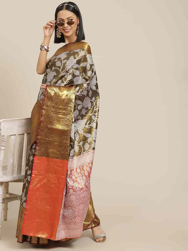 Black pure silk saree with intricate floral embellishments