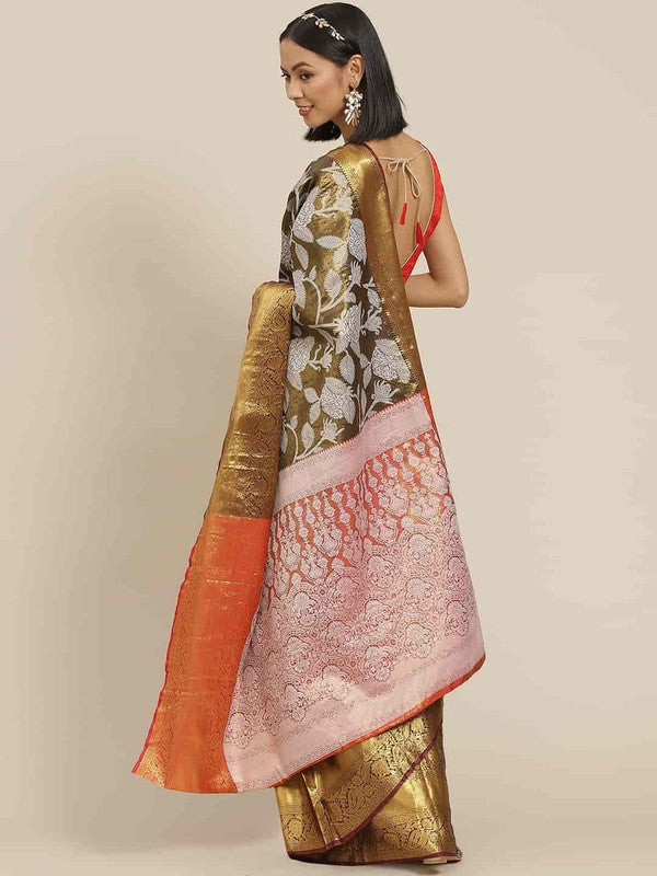 Black Pure Silk Embellished Floral Saree with Unstitched Blouse