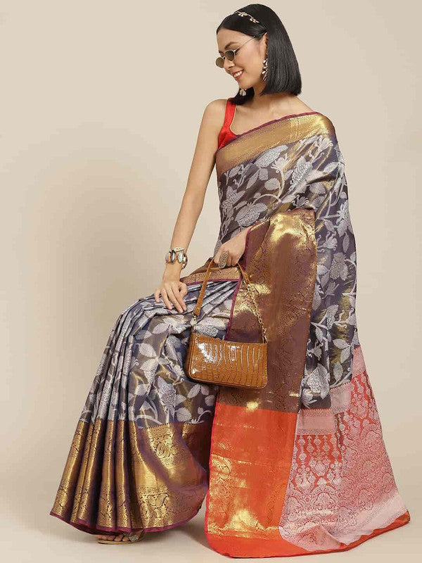 Navy blue pure silk saree with floral embroidery and unstitched blouse piece