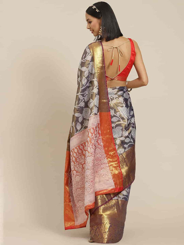 Navy Blue Pure Silk Embellished Floral Saree with Unstitched Blouse