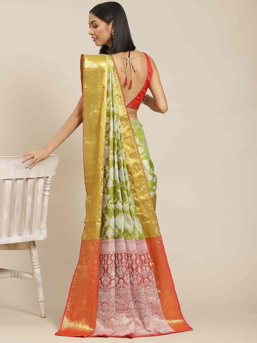 Green Banarasi Tissue Silk Saree with Floral Zari Woven Details