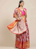 Pink Banarasi tissue silk saree featuring intricate floral zari woven details.