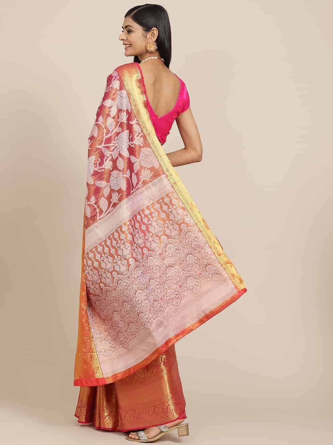 Pink Banarasi Tissue Silk Saree with Floral Zari Woven Work