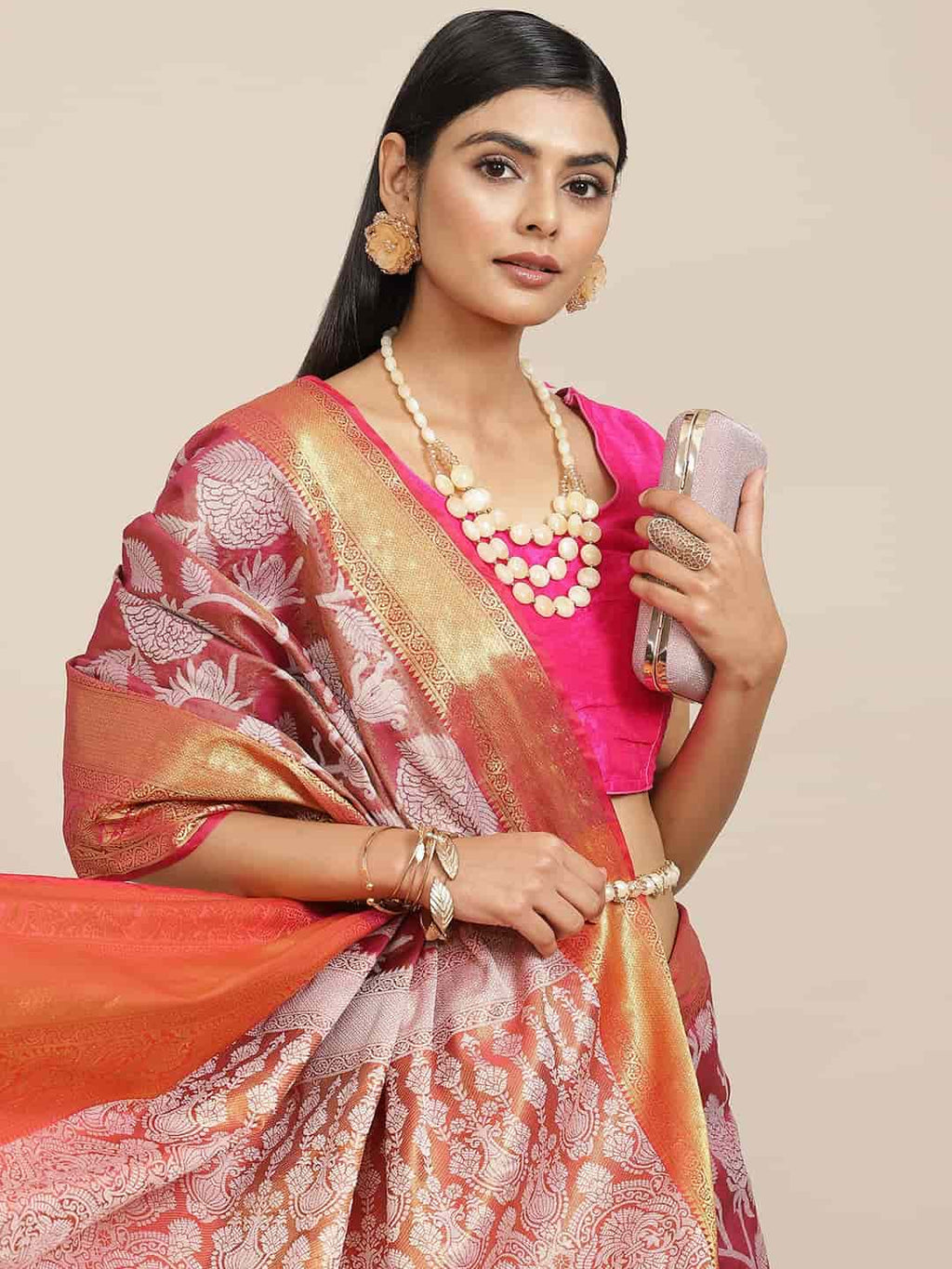 Pink Banarasi Tissue Silk Saree with Floral Zari Woven Work