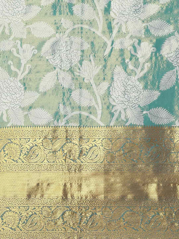 Turquoise Pure Silk Embellished Floral Saree with Blouse Piece