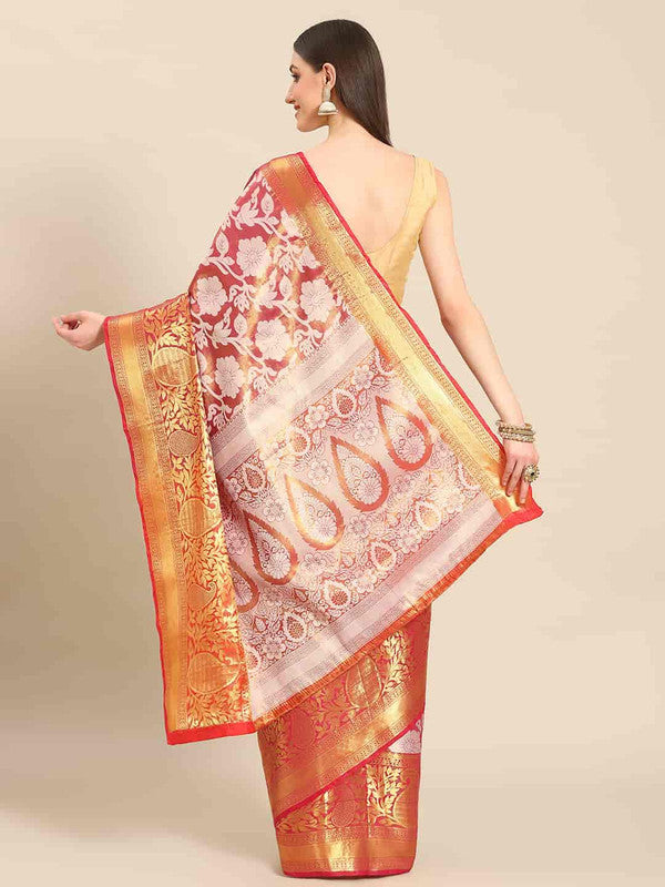 Pink Tissue Silk Woven Zari Floral Saree with Unstitched Blouse