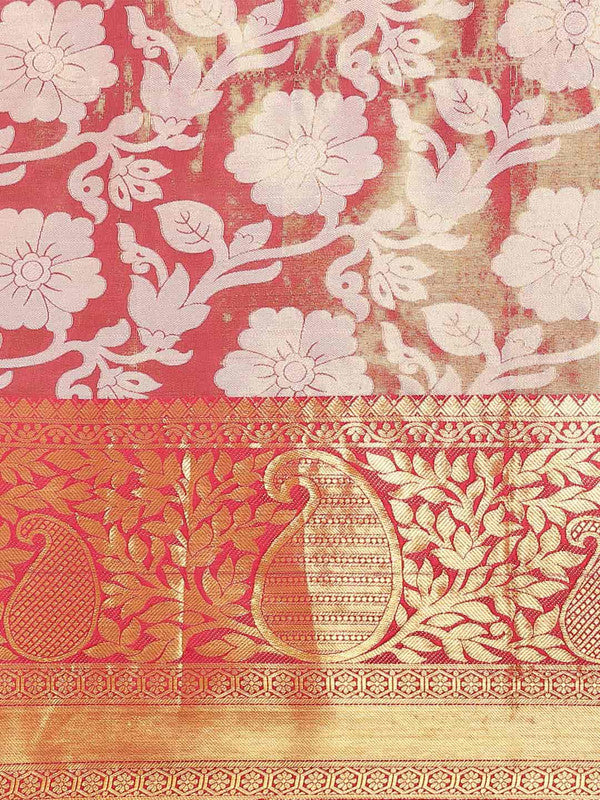 Pink Tissue Silk Woven Zari Floral Saree with Unstitched Blouse