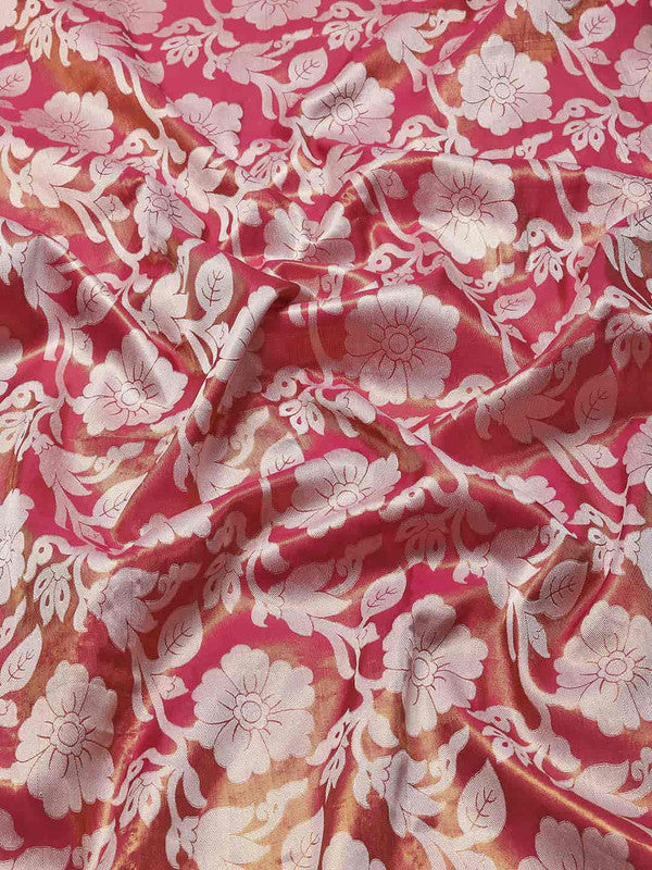 Pink Tissue Silk Woven Zari Floral Saree with Unstitched Blouse
