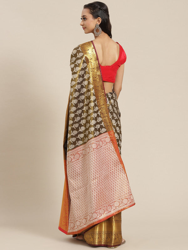 Black Brocade saree with woven zari floral design and unstitched blouse