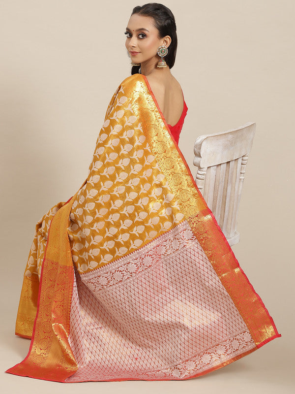 Mustard brocade saree with intricate woven Zari floral design and unstitched blouse