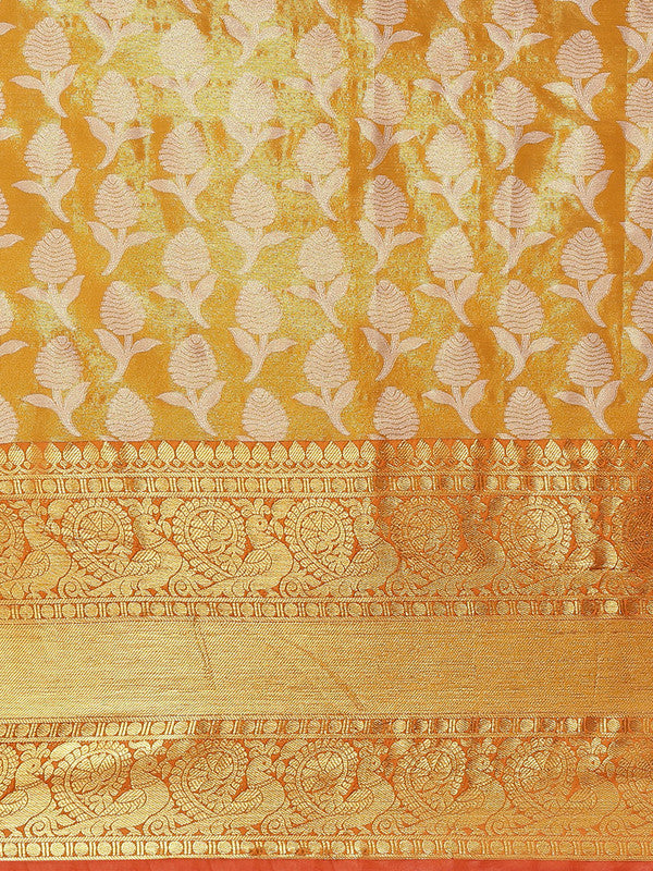 Mustard Brocade Woven Zari Floral Saree with Unstitched Blouse